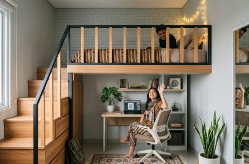 desain mezzanine (lantai tambahan) untuk kamar tidur hemat ruang