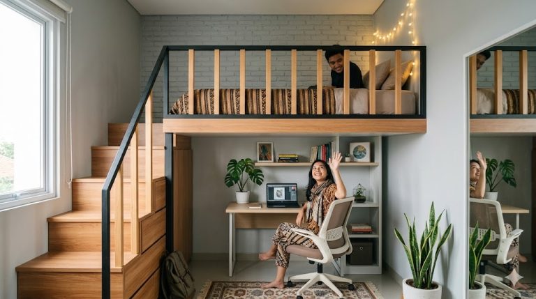 desain mezzanine (lantai tambahan) untuk kamar tidur hemat ruang